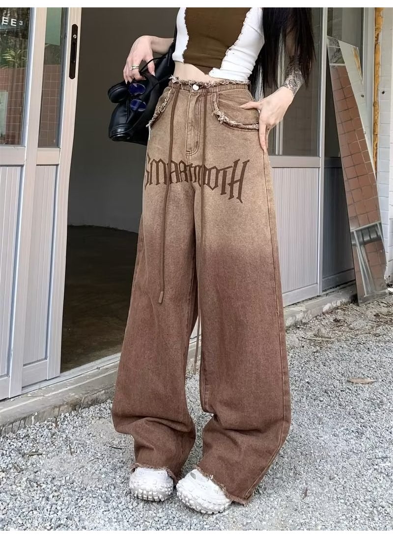 Casual Loose Fit Wide Leg Denim Pants Brown