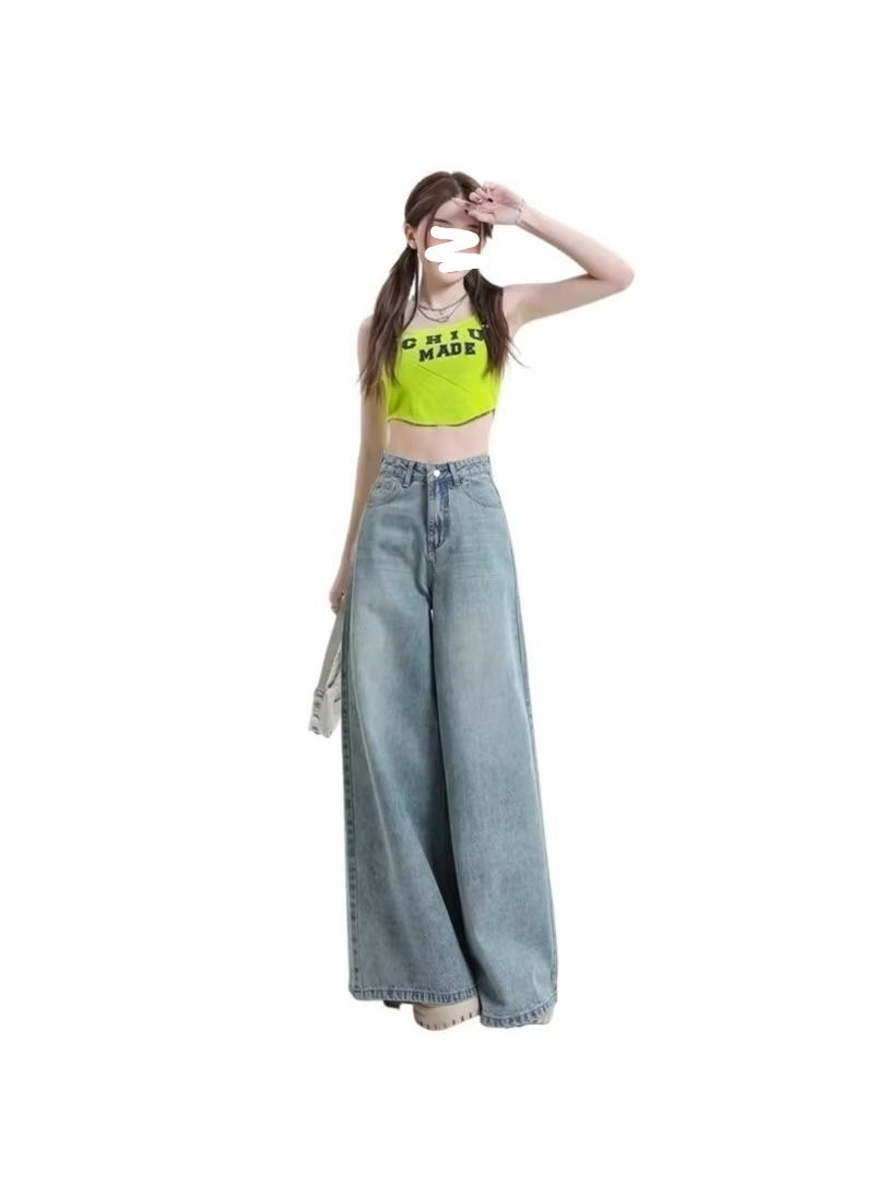 Retro American High-Waist Wide-Leg Jeans for Women Light blue