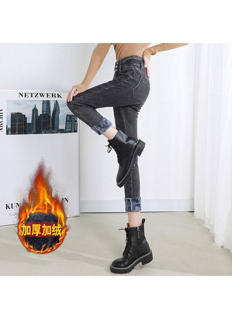 2024 Winter Fleece-Lined High-Waist Jeans for Women Black and gray lining with random colors