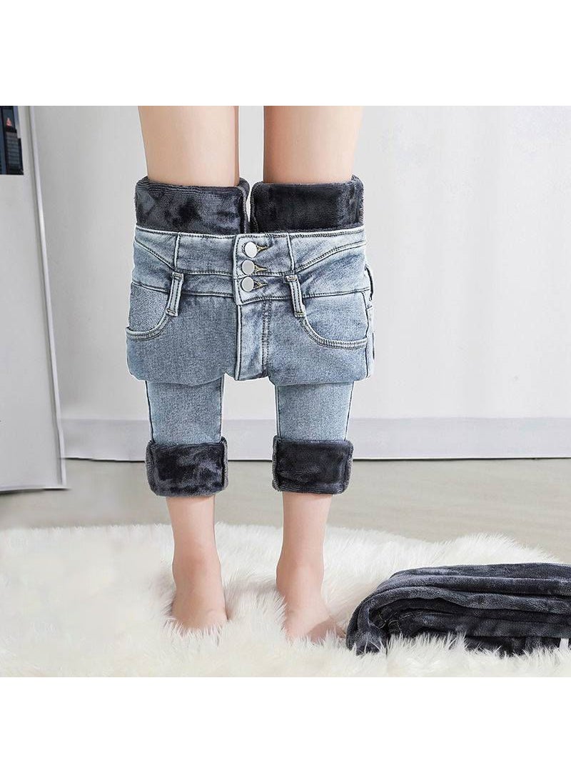 2024 Winter Fleece-Lined High-Waist Jeans for Women Blue velvet color random