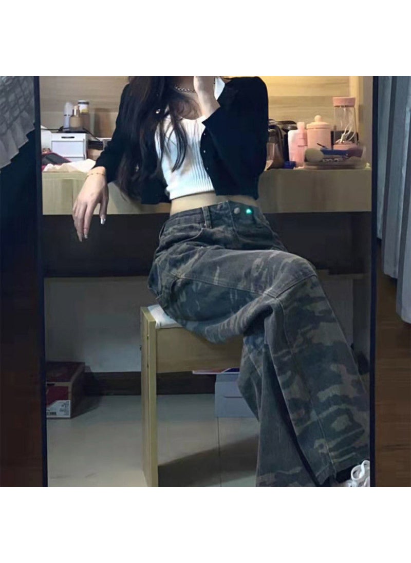 Vintage Camouflage High-Waist Jeans for Women Black 8898
