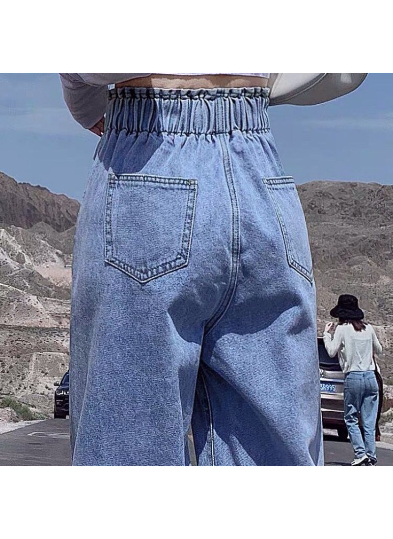 High Waist Jeans Women 2024 Korean Loose Fashion Light blue elastic waist