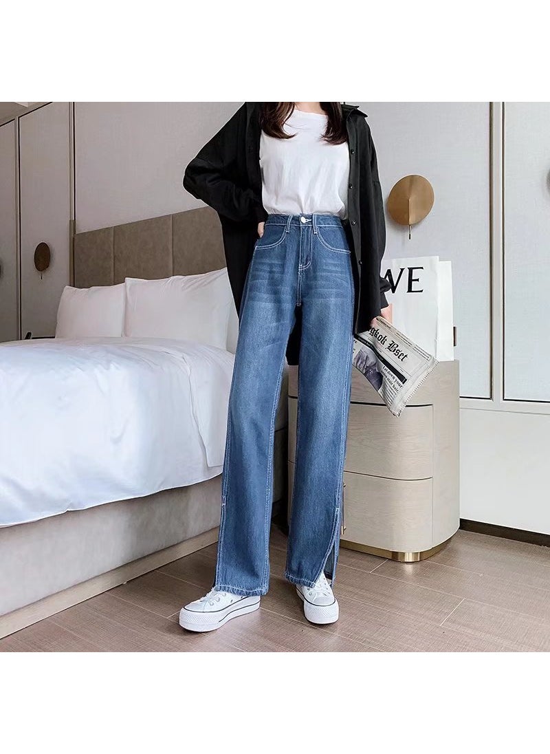 Petite High-Waist Slim Denim Wide-Leg Pants Blue