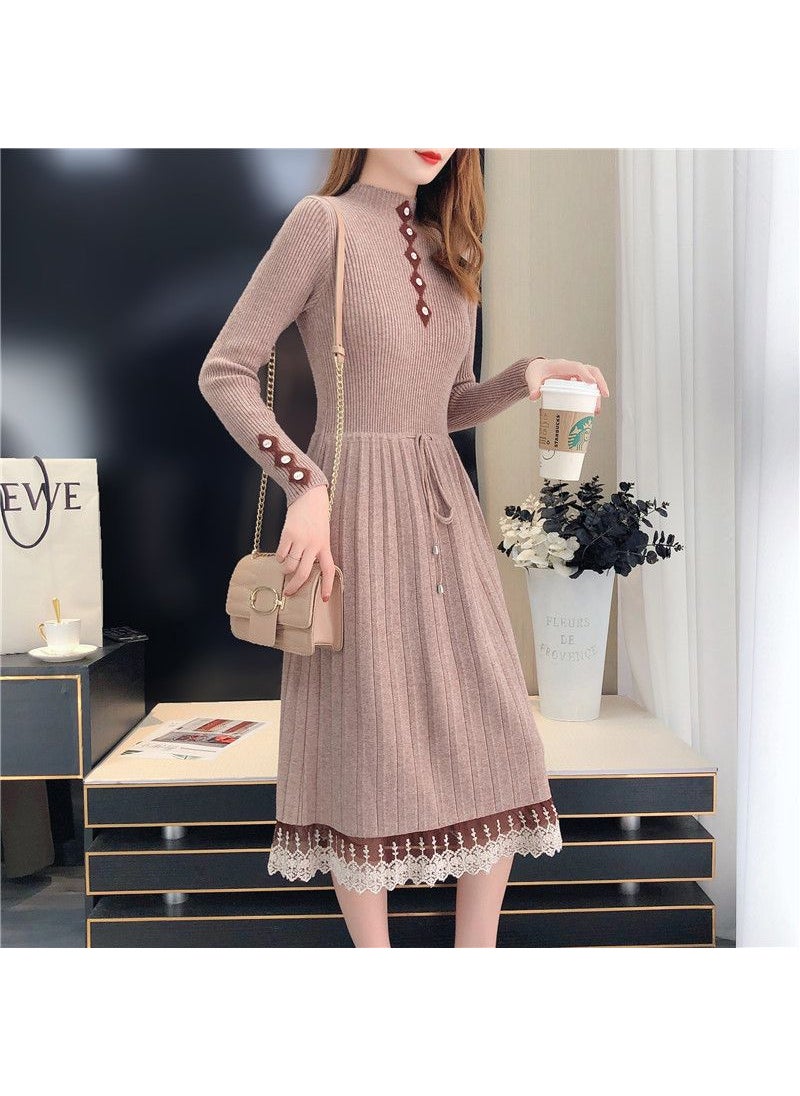 Lace Midi Dress 2024 Spring Autumn Fashion Slim Knit Sweater wheat gray