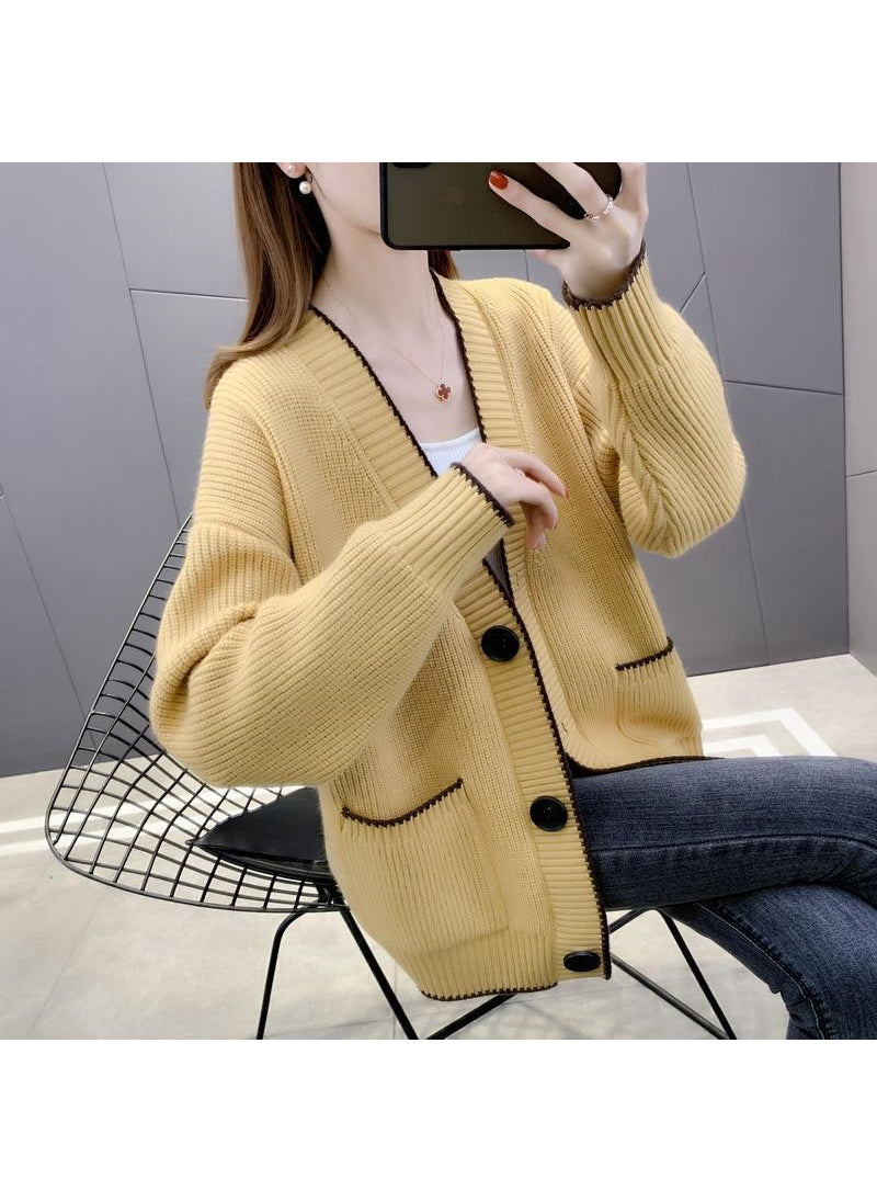 2024 Spring Autumn Knit Cardigan Shawl Chic Womens Jacket Yellow