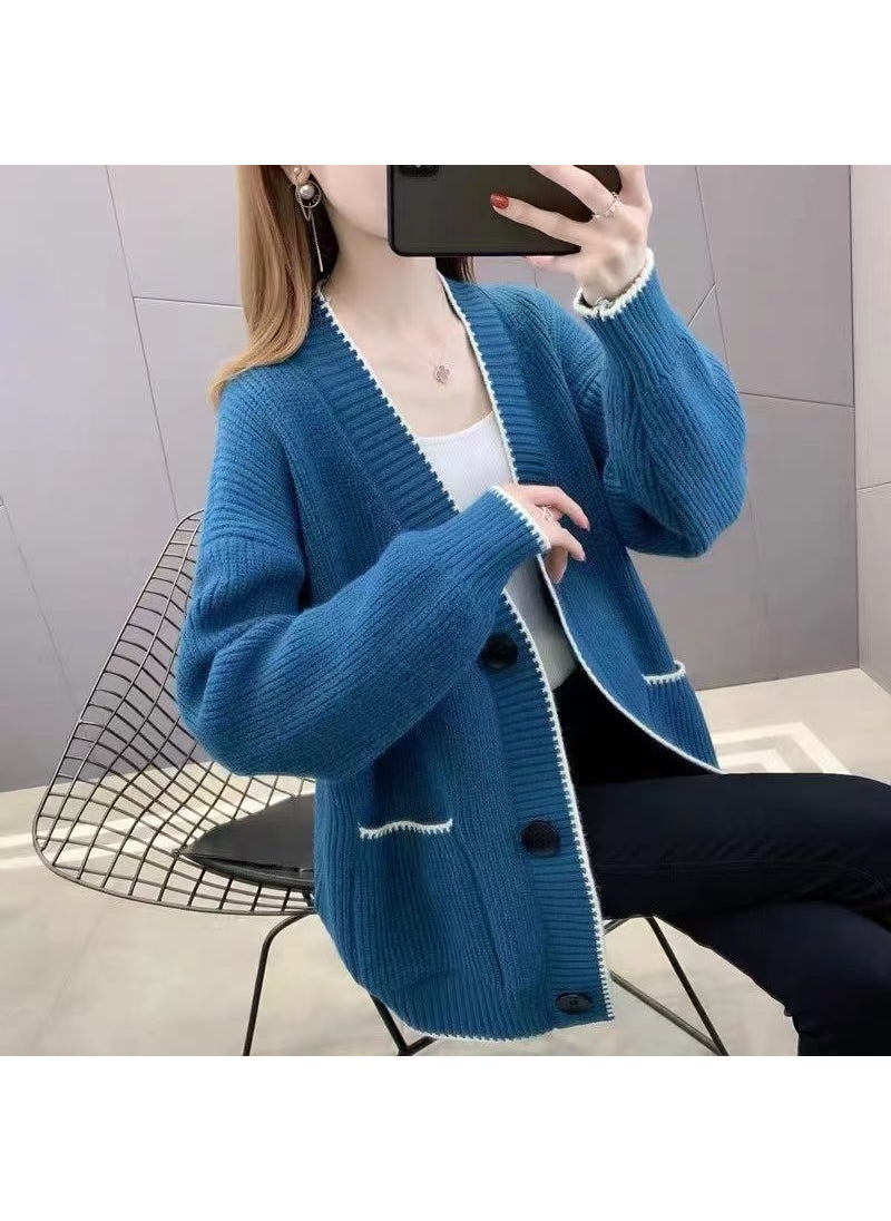 2024 Spring Autumn Knit Cardigan Shawl Chic Womens Jacket Blue