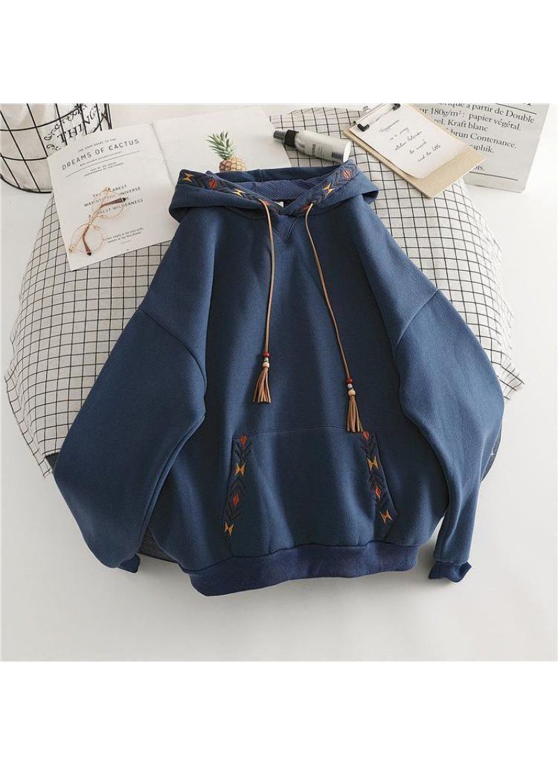 Cotton White Hooded Sweatshirt Women Oversized Thick Autumn Winter Blue [regular]]