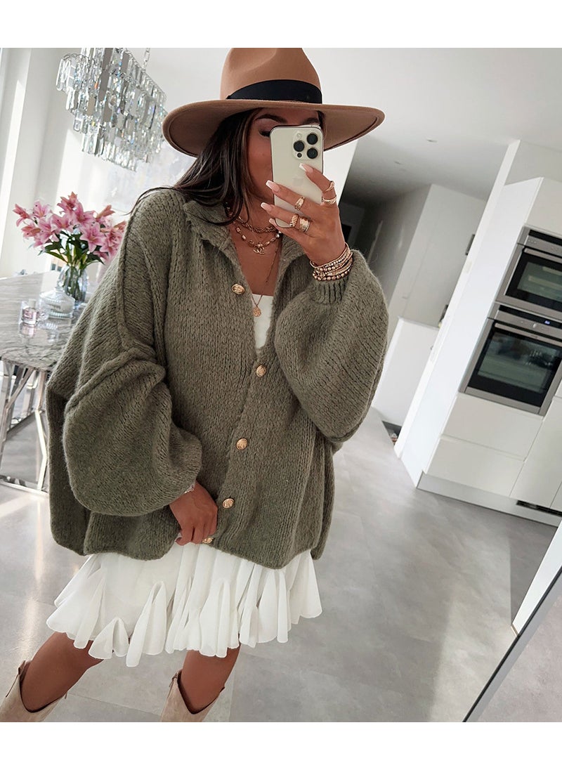 Fashion Solid Color Batwing Cardigan Sweater Green