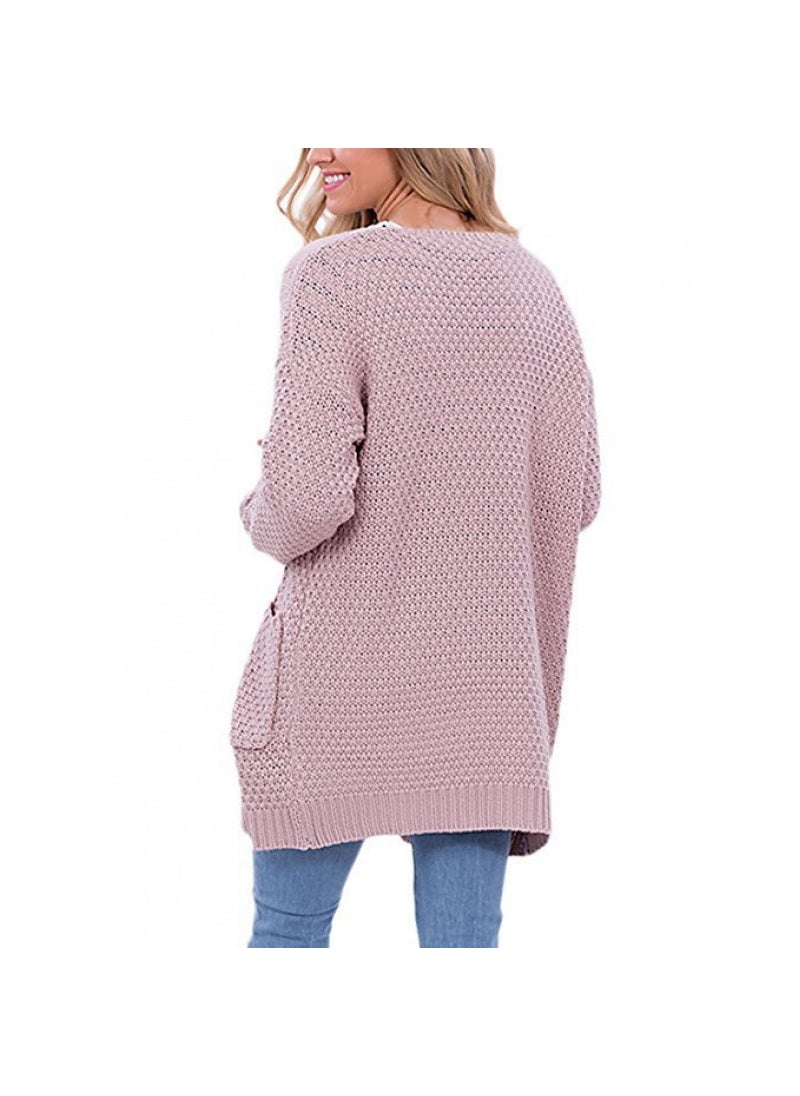 2024 Fall Winter Knit Cardigan Solid Loose Pocket Twisted Cable Sweater Pink