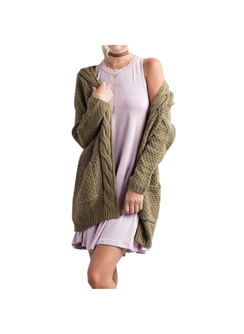 2024 Fall Winter Knit Cardigan Solid Loose Pocket Twisted Cable Sweater Pink