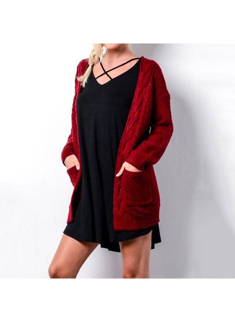 2024 Fall Winter Knit Cardigan Solid Loose Pocket Twisted Cable Sweater Pink