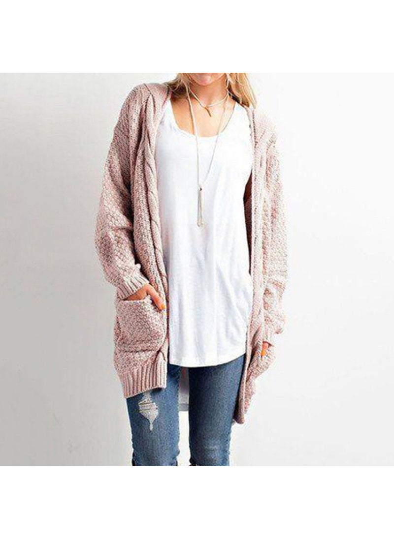 2024 Fall Winter Knit Cardigan Solid Loose Pocket Twisted Cable Sweater Pink