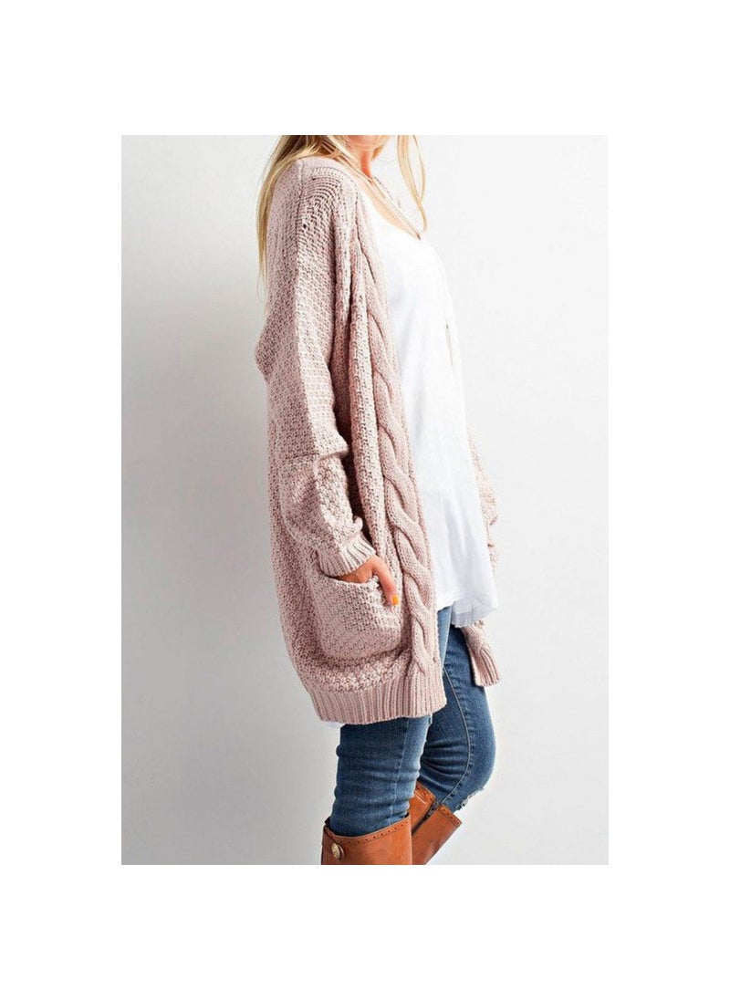 2024 Fall Winter Knit Cardigan Solid Loose Pocket Twisted Cable Sweater Pink