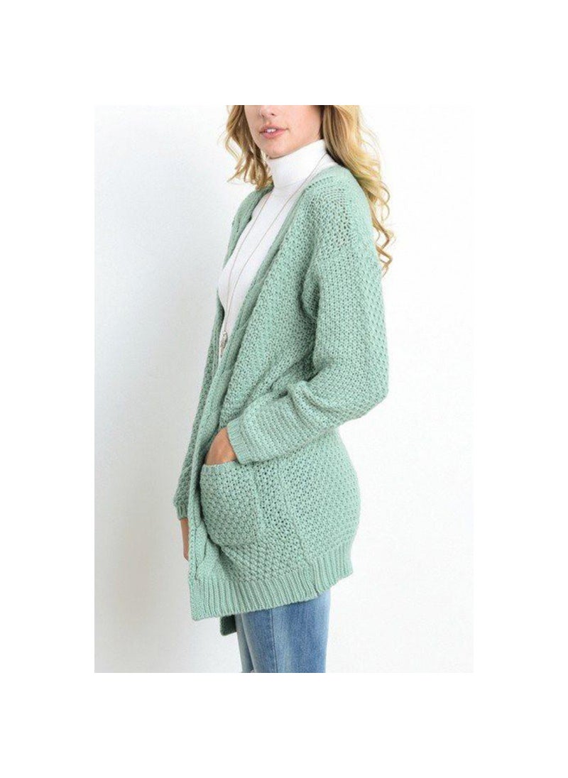 2024 Fall Winter Knit Cardigan Solid Loose Pocket Twisted Cable Sweater Bean green