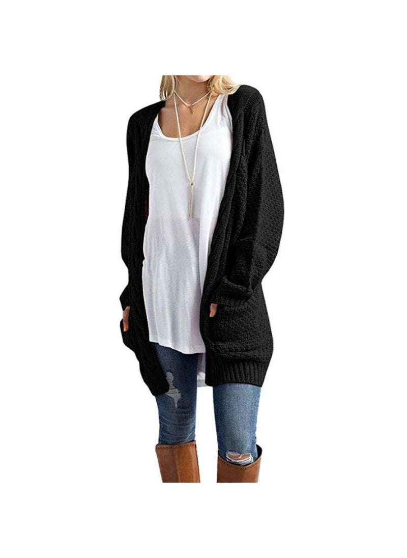 2024 Fall Winter Knit Cardigan Solid Loose Pocket Twisted Cable Sweater Black