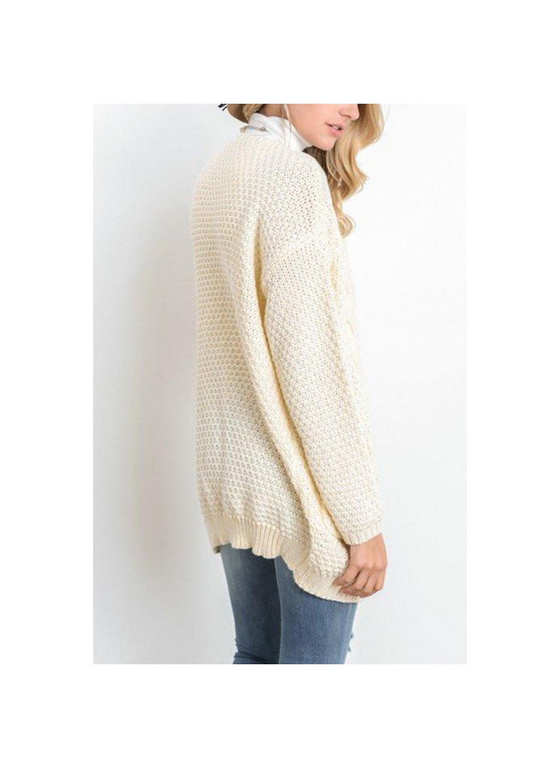 2024 Fall Winter Knit Cardigan Solid Loose Pocket Twisted Cable Sweater Off-white