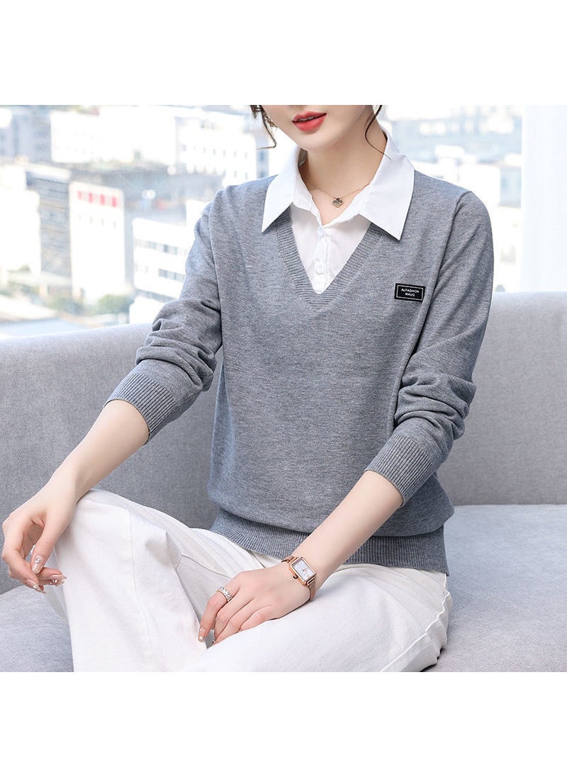 Ladies Faux Two-Piece Sweater 2024 Autumn Winter Korean Fashion Knit Top Gray