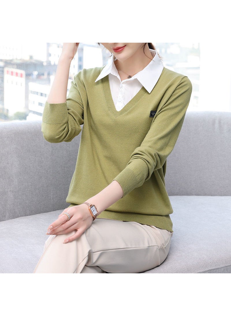 Ladies Faux Two-Piece Sweater 2024 Autumn Winter Korean Fashion Knit Top Green