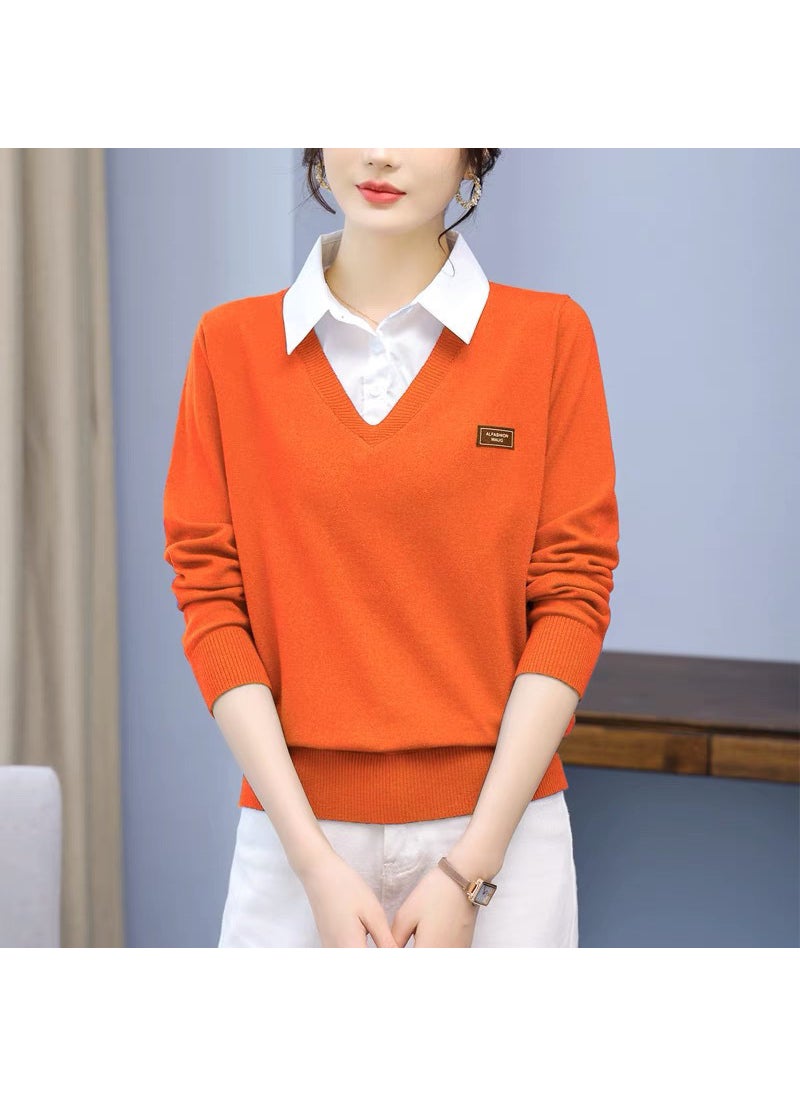 Ladies Faux Two-Piece Sweater 2024 Autumn Winter Korean Fashion Knit Top Orange