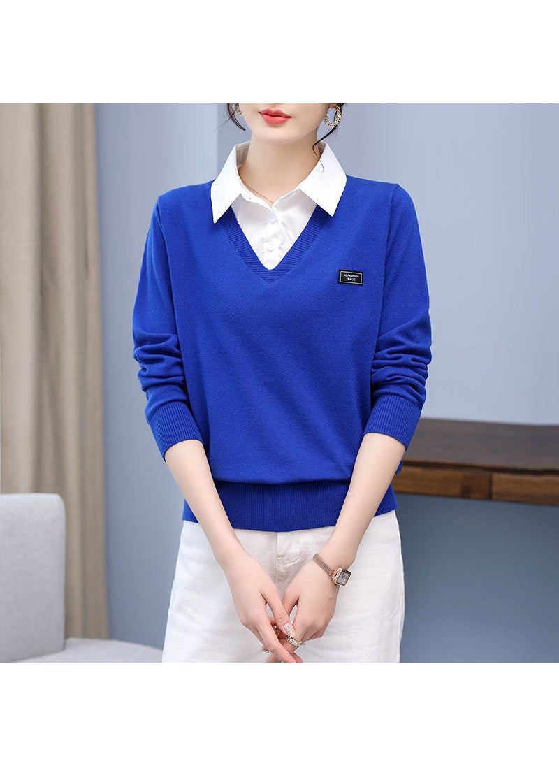 Ladies Faux Two-Piece Sweater 2024 Autumn Winter Korean Fashion Knit Top Blue