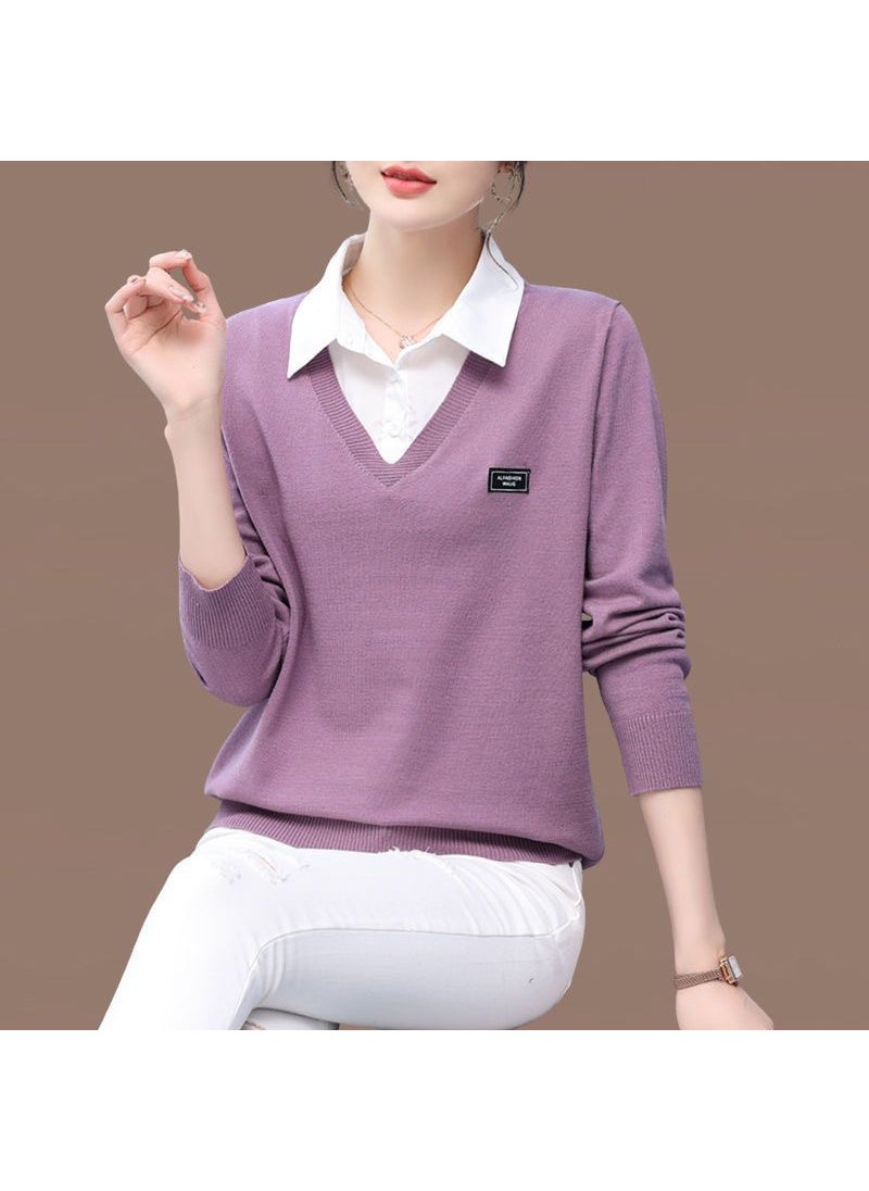 Ladies Faux Two-Piece Sweater 2024 Autumn Winter Korean Fashion Knit Top Purple