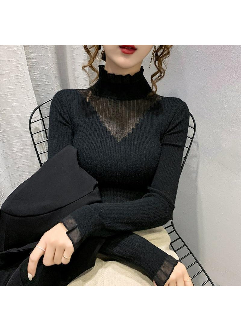 Lace Spliced Turtleneck Sweater Women Autumn Black