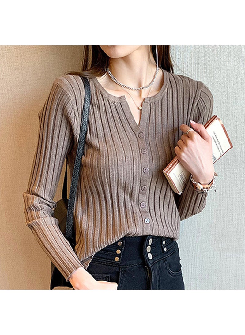 Womens V-Neck Cropped Sweater Knitwear Khaki