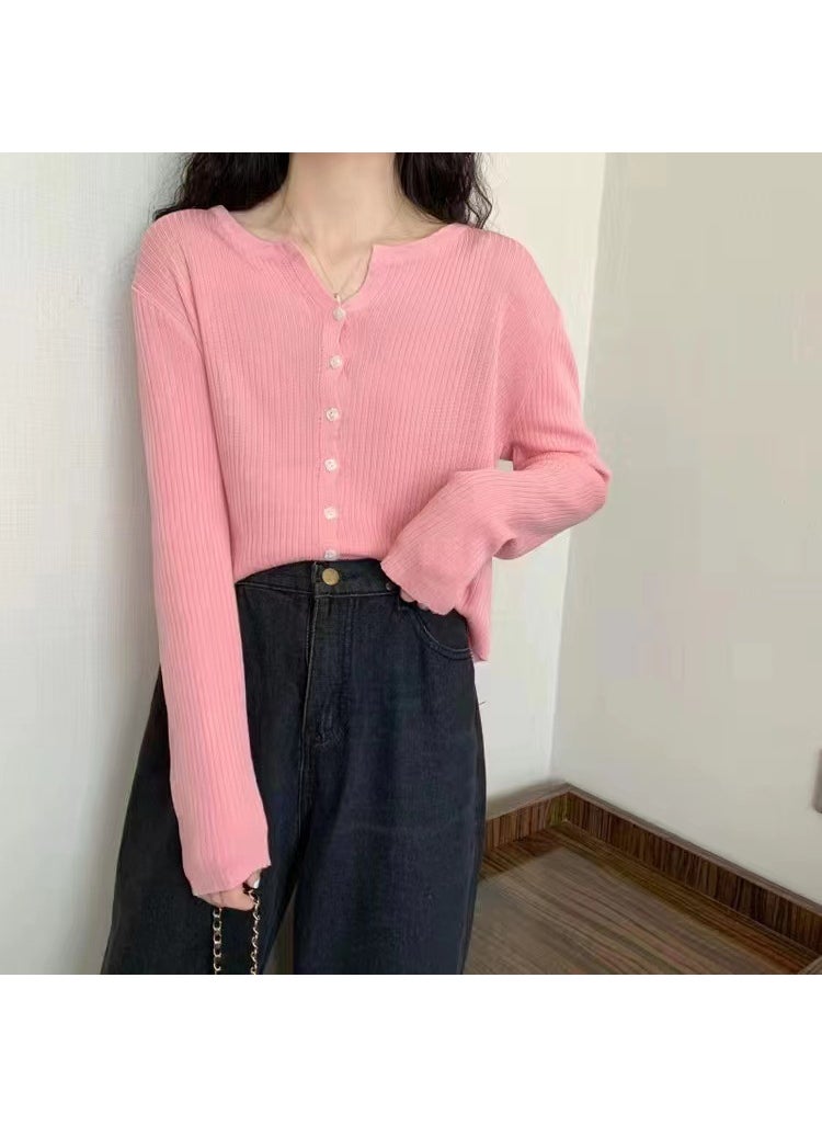 Womens V-Neck Cropped Sweater Knitwear Pink