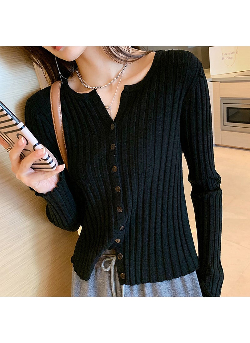 Womens V-Neck Cropped Sweater Knitwear Black