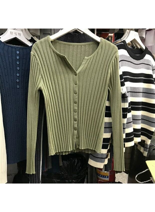 Womens V-Neck Cropped Sweater Knitwear autumn leaf green