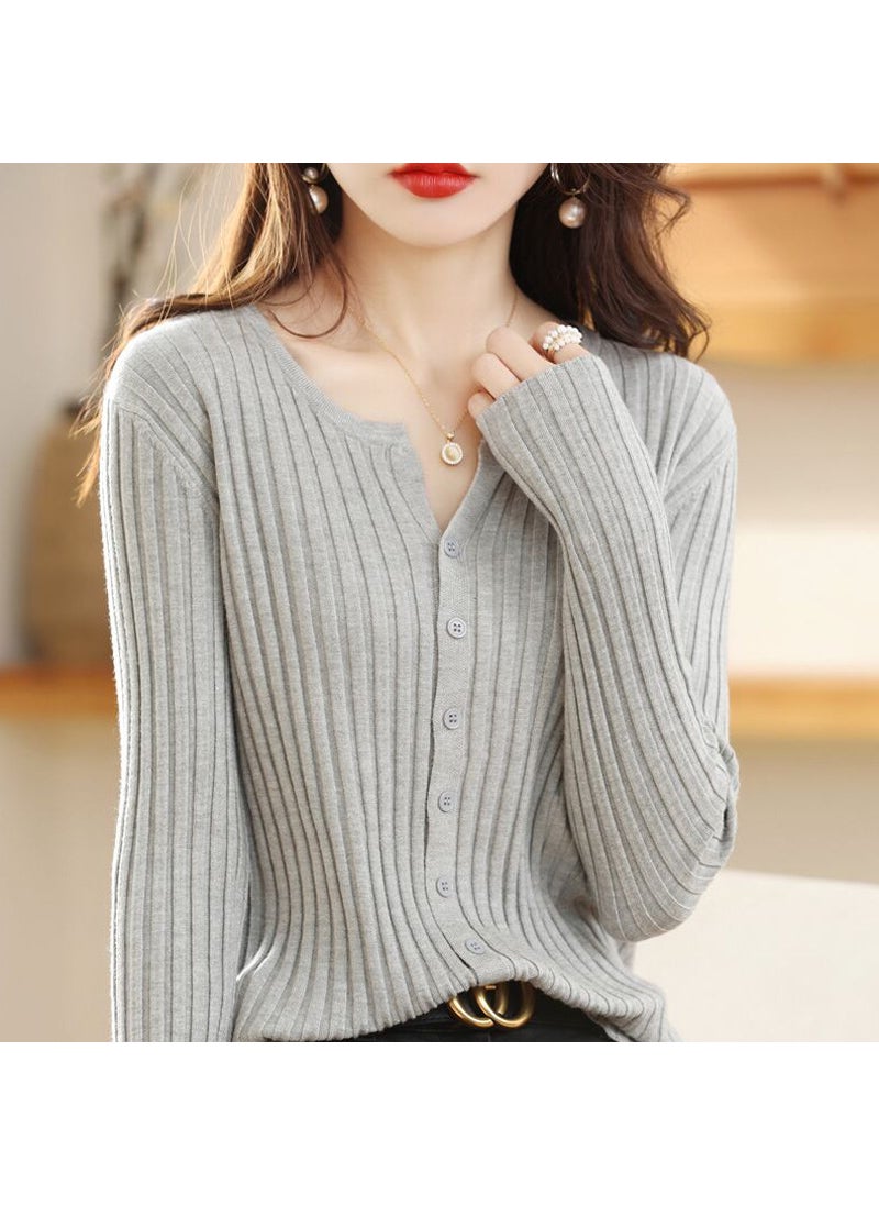 Womens V-Neck Cropped Sweater Knitwear Granny Grey