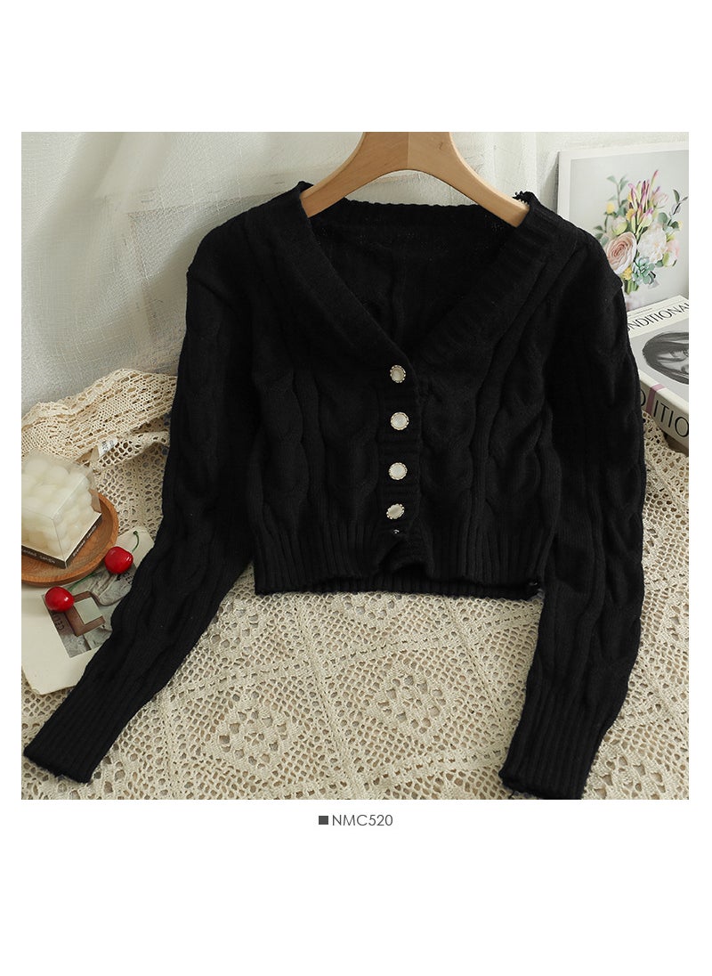 Early Fall 2024 V-Neck Cardigan Cropped Versatile Long Sleeve Knitwear black