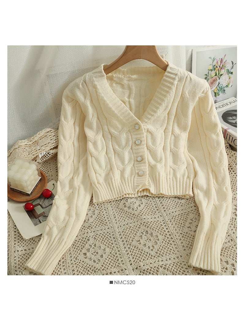 Early Fall 2024 V-Neck Cardigan Cropped Versatile Long Sleeve Knitwear apricot