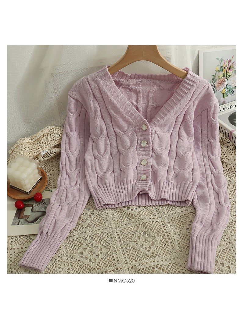 Early Fall 2024 V-Neck Cardigan Cropped Versatile Long Sleeve Knitwear pink purple