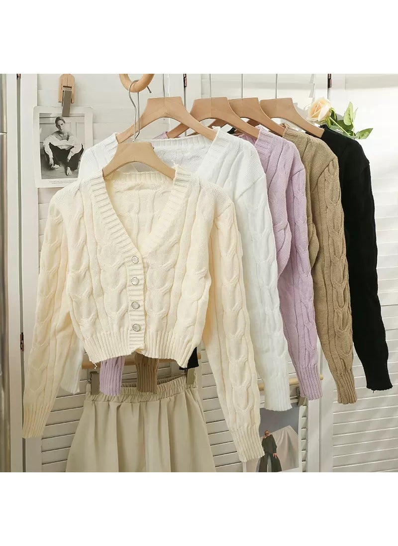 Early Fall 2024 V-Neck Cardigan Cropped Versatile Long Sleeve Knitwear white