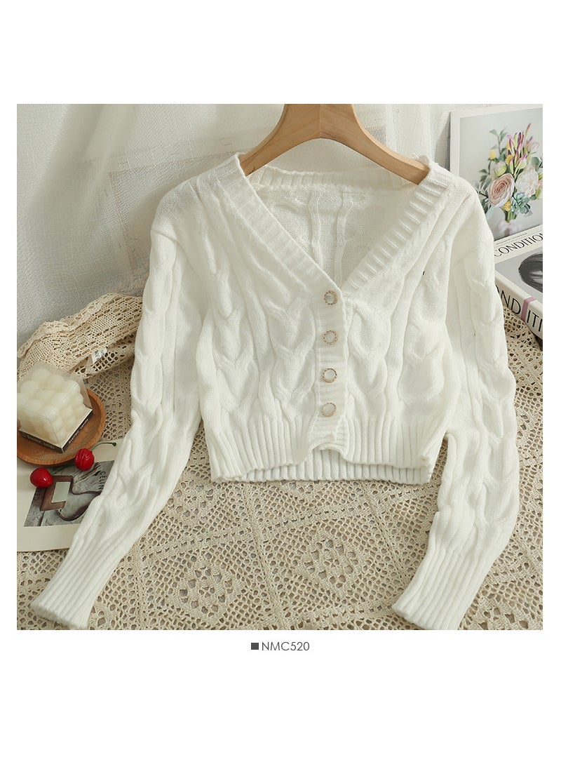 Early Fall 2024 V-Neck Cardigan Cropped Versatile Long Sleeve Knitwear white