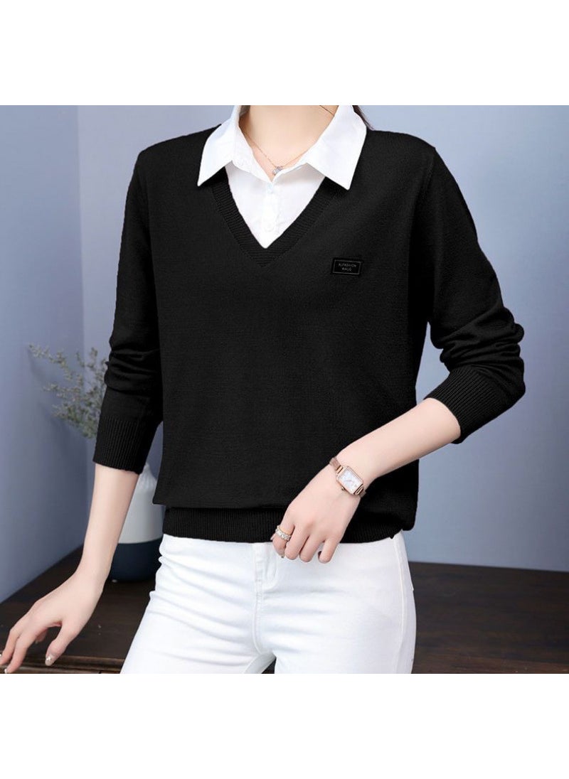 Ladies Faux Two-Piece Sweater 2024 Autumn Winter Korean Fashion Knit Top Black