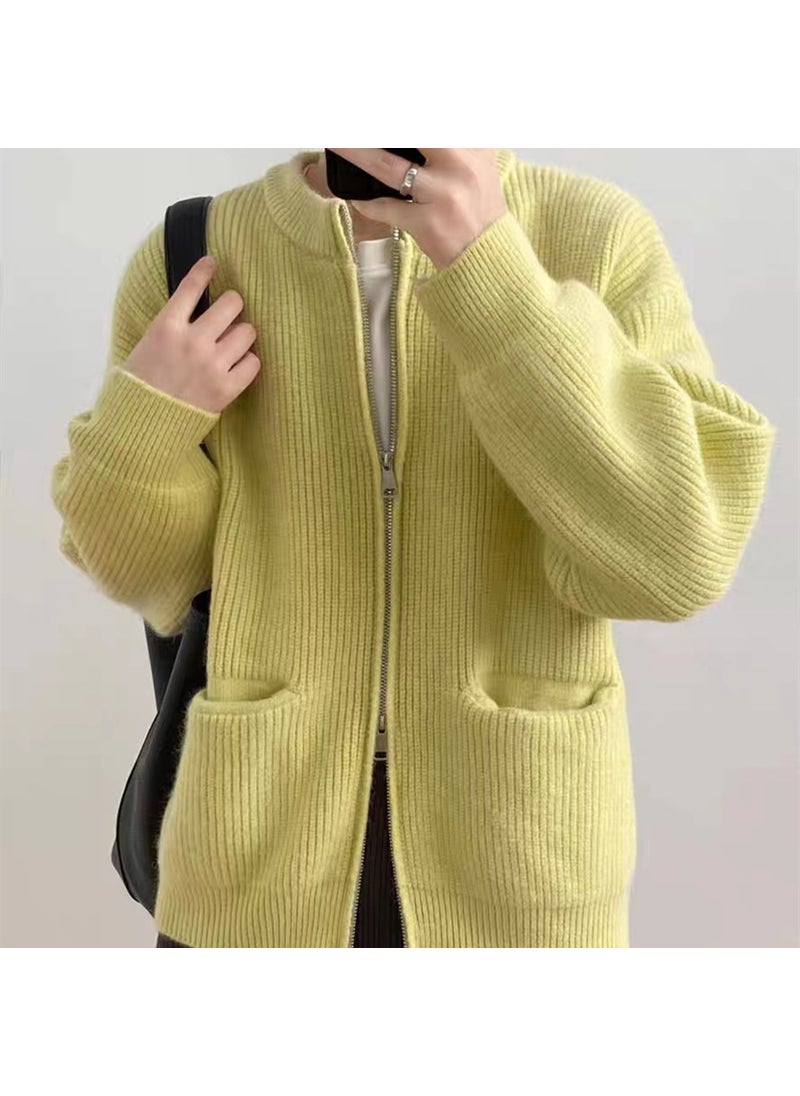 Vintage Solid Lazy Zip Knit Cardigan Sweater Yellow