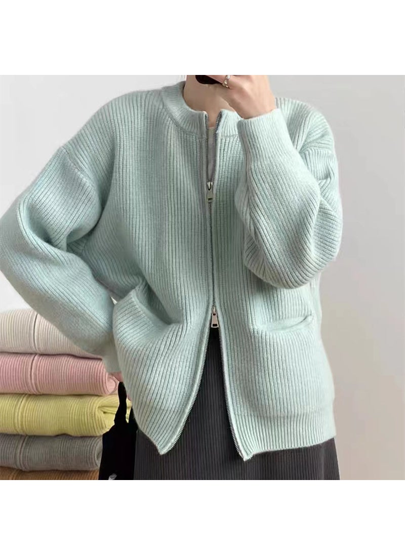 Vintage Solid Lazy Zip Knit Cardigan Sweater Blue