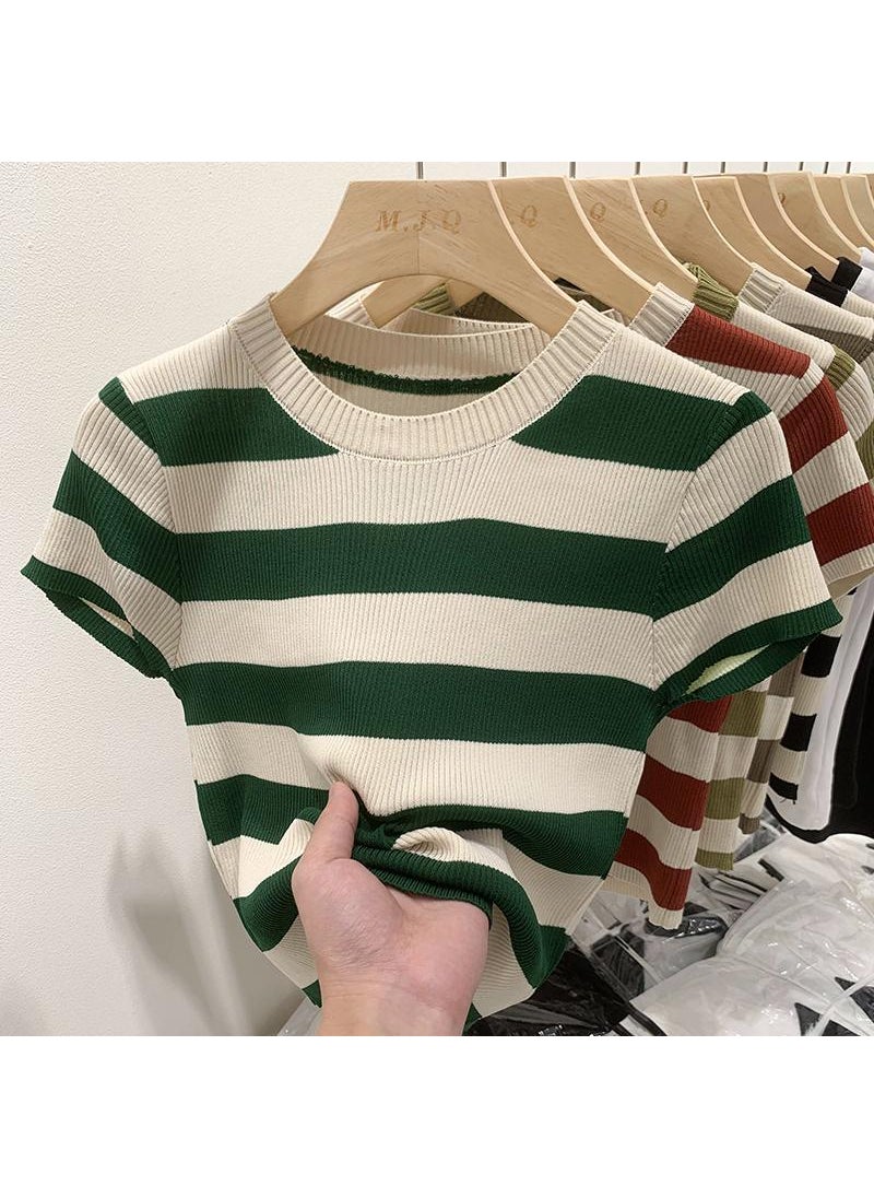 2024 Summer Knit Top Slim Fashion Dark green style