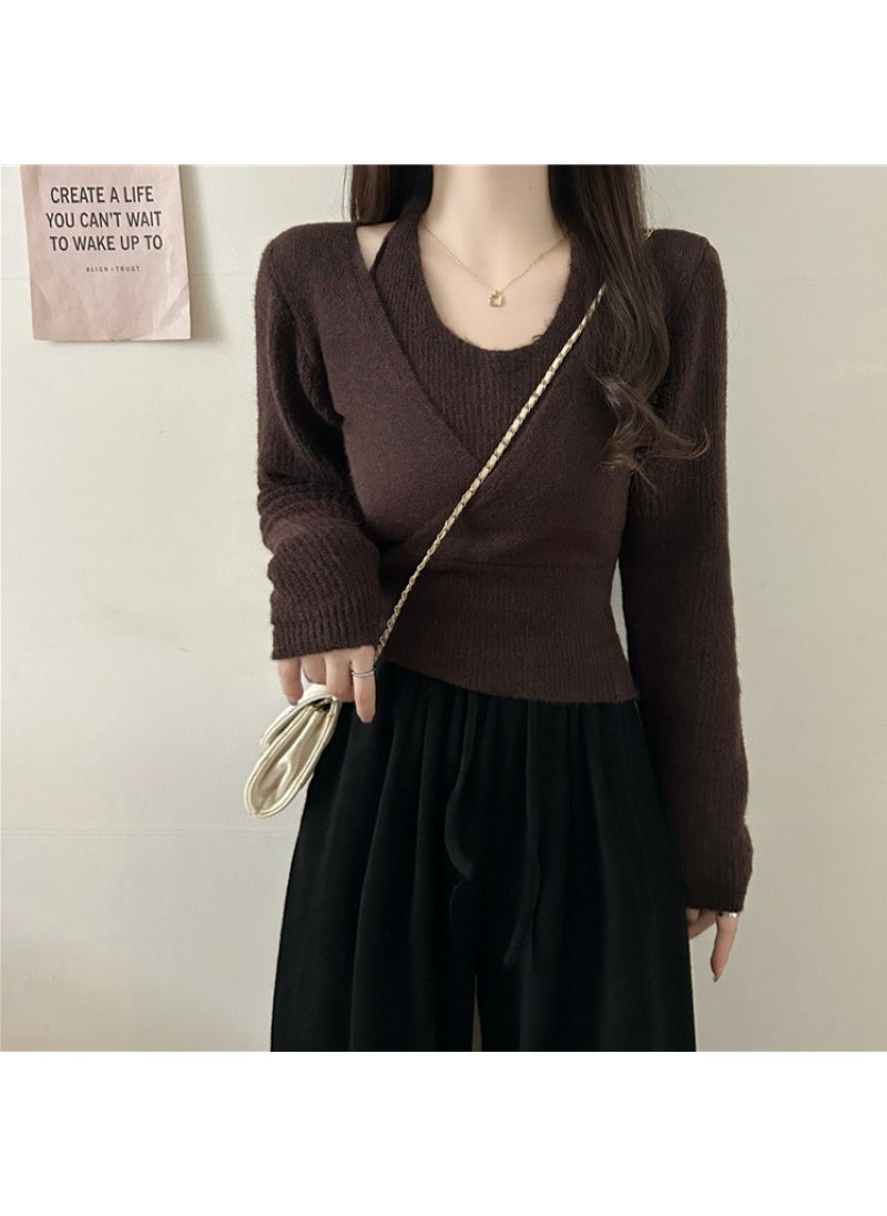 2024 Chic Layered-Look Sweater Women Autumn coffee color