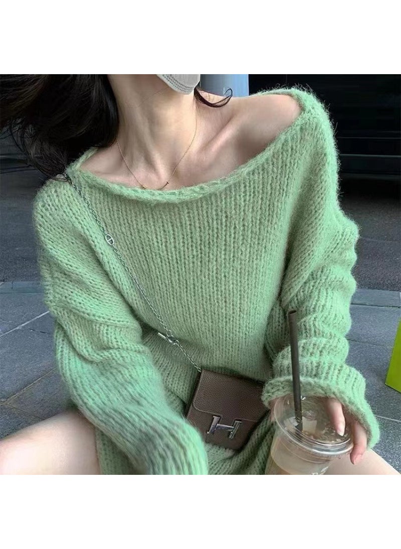 French Lazy Style Curl Edge Sweater Women Autumn Winter Green