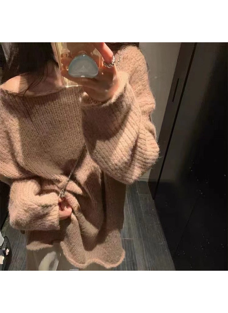 French Lazy Style Curl Edge Sweater Women Autumn Winter Khaki