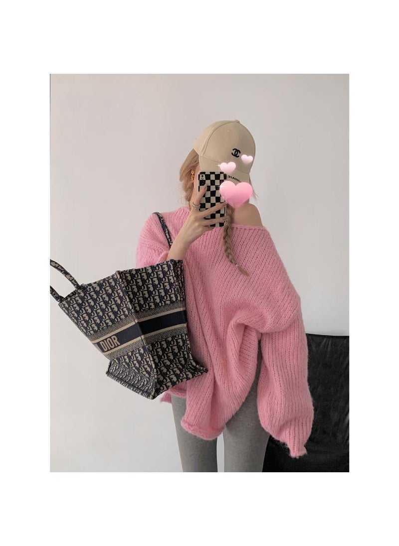 French Lazy Style Curl Edge Sweater Women Autumn Winter Pink