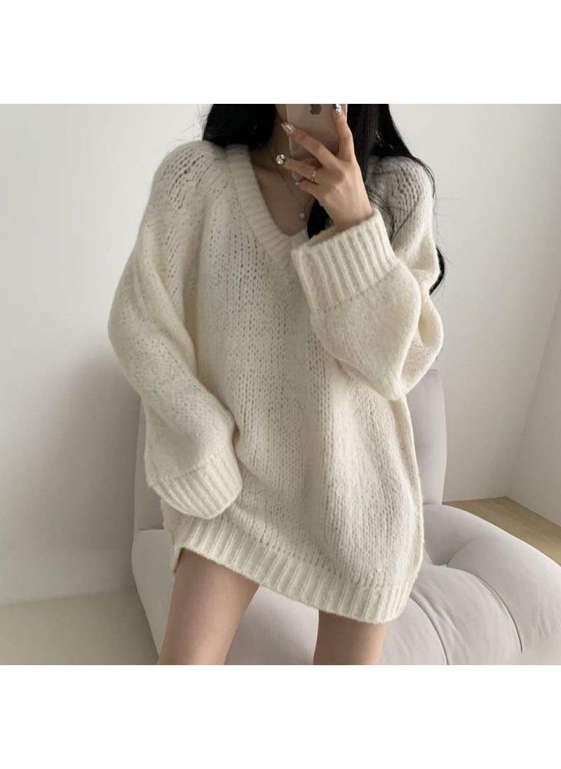 Casual Oversized Gray V-Neck Sweater for Women White