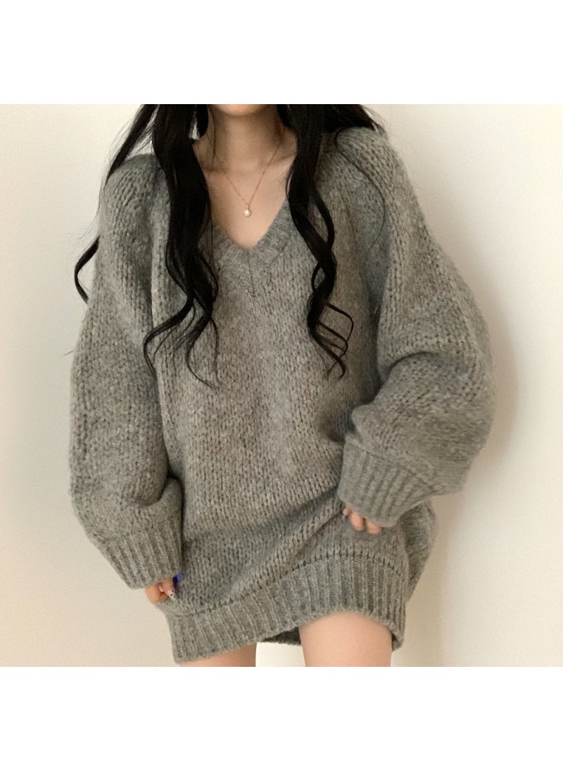 Casual Oversized Gray V-Neck Sweater for Women Gray