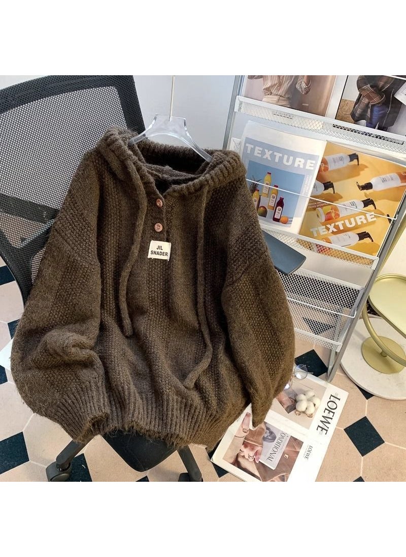 2024 Autumn Winter Hooded Knit Sweater Womens Casual Thick Pullover Brown