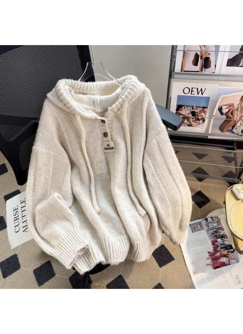 2024 Autumn Winter Hooded Knit Sweater Womens Casual Thick Pullover Apricot