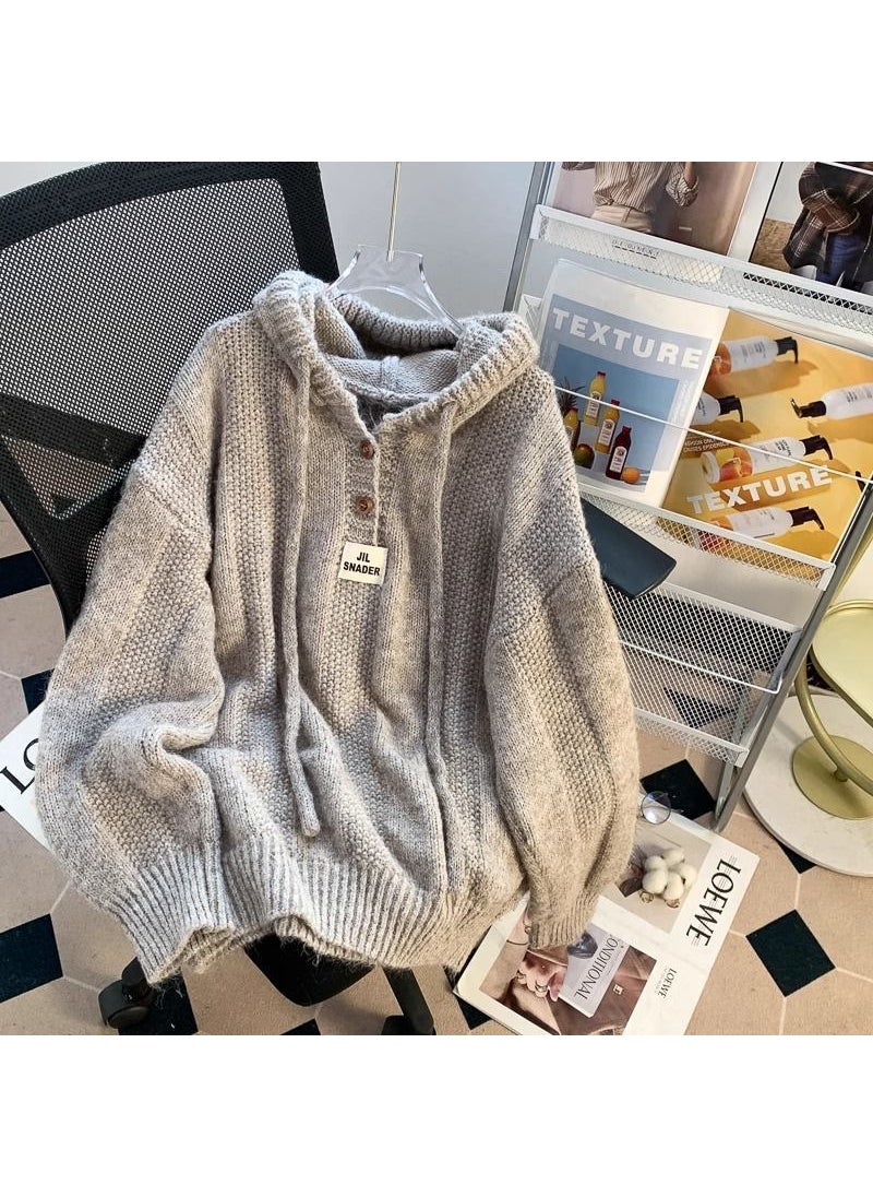 2024 Autumn Winter Hooded Knit Sweater Womens Casual Thick Pullover Khaki