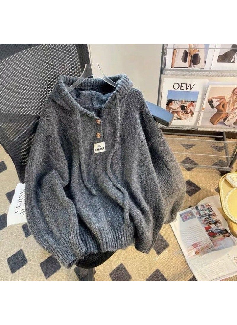 2024 Autumn Winter Hooded Knit Sweater Womens Casual Thick Pullover Gray